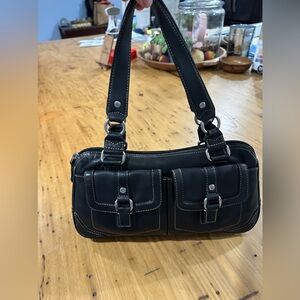 VTG~FOSSIL~Black Leather Nickel Tone Hardware HOBO Shoulder Bag Tote